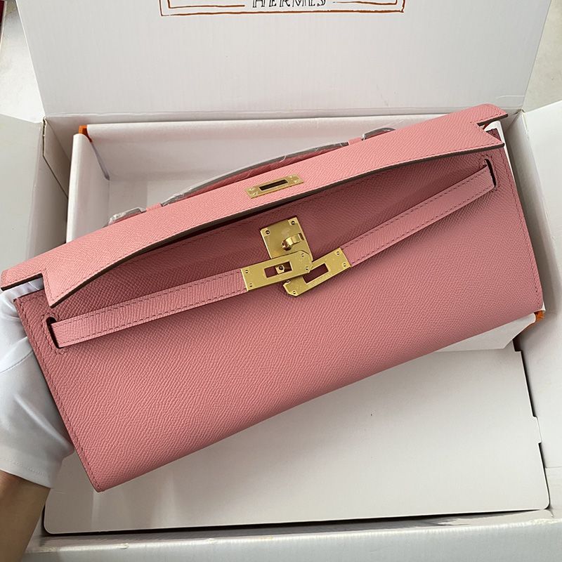 Hermes Kelly Cut Clutch Epsom Leather Gold Hardware In Pink