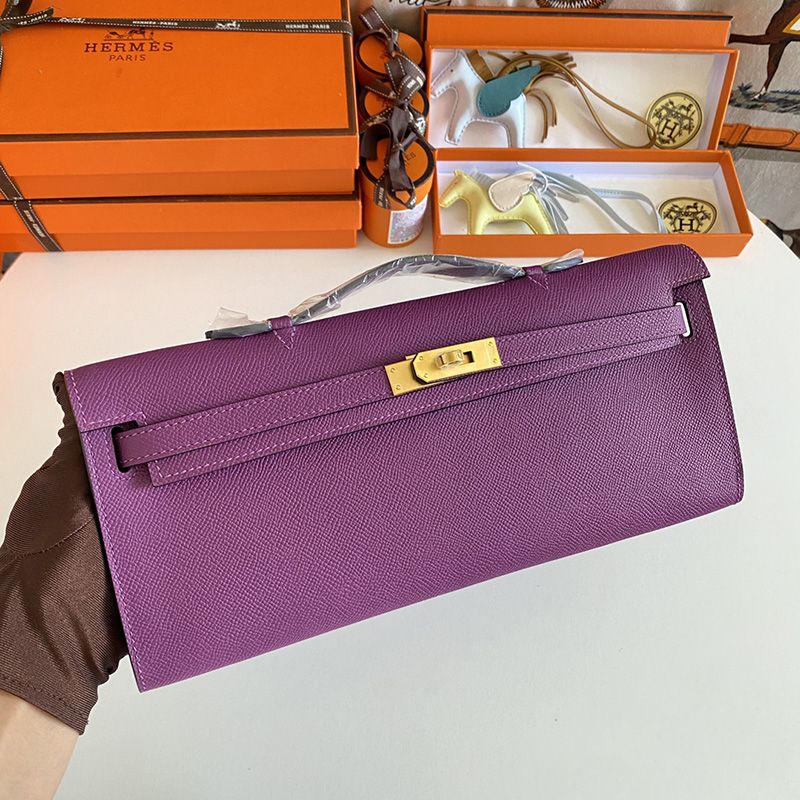 Hermes Kelly Cut Clutch Epsom Leather Gold Hardware In Purple