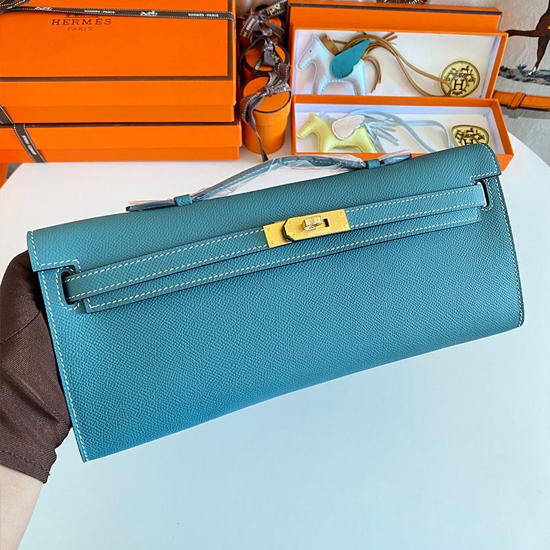 Hermes Kelly Cut Clutch Epsom Leather Gold Hardware In Teal