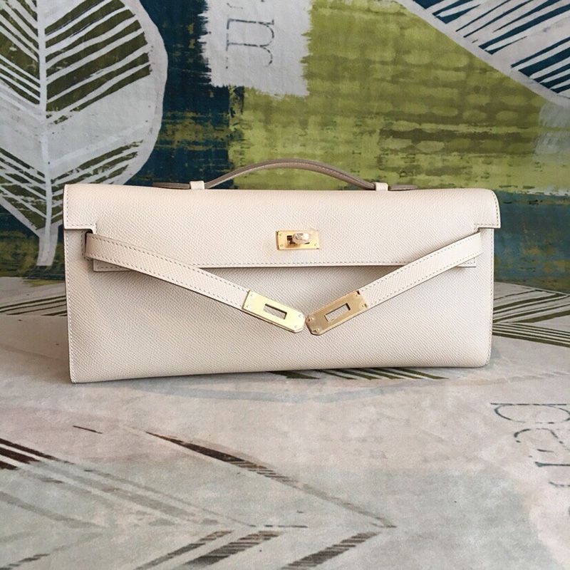 Hermes Kelly Cut Clutch Epsom Leather Gold Hardware In White