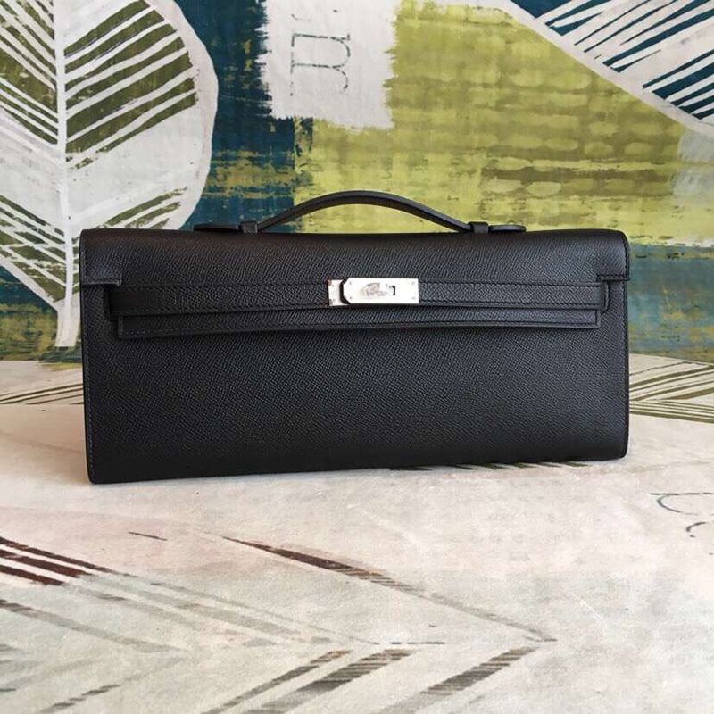 Hermes Kelly Cut Clutch Epsom Leather Palladium Hardware In Black