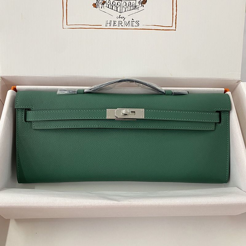 Hermes Kelly Cut Clutch Epsom Leather Palladium Hardware In Green