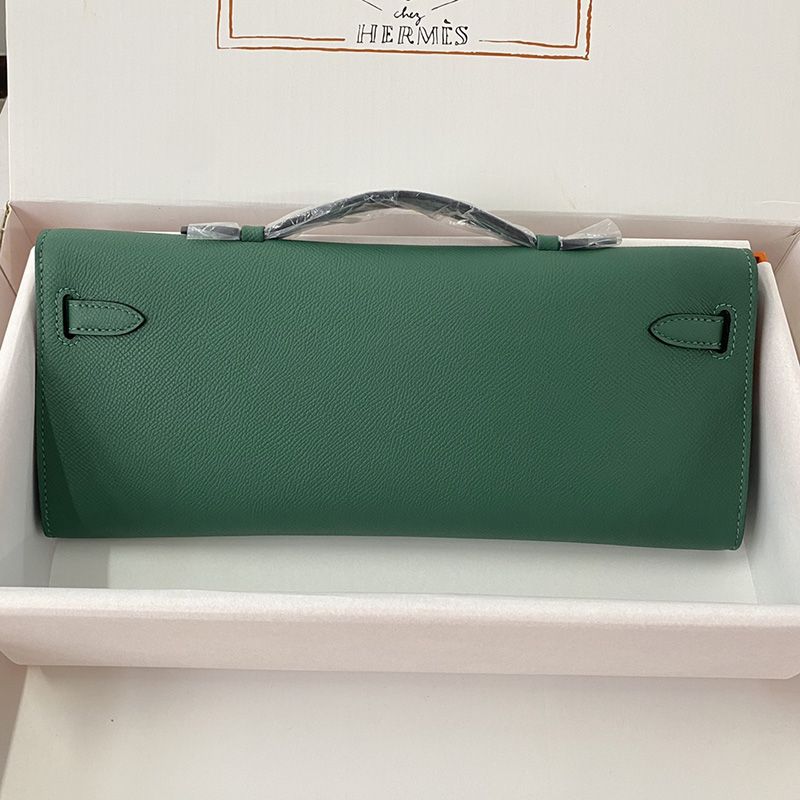 Hermes Kelly Cut Clutch Epsom Leather Palladium Hardware In Green