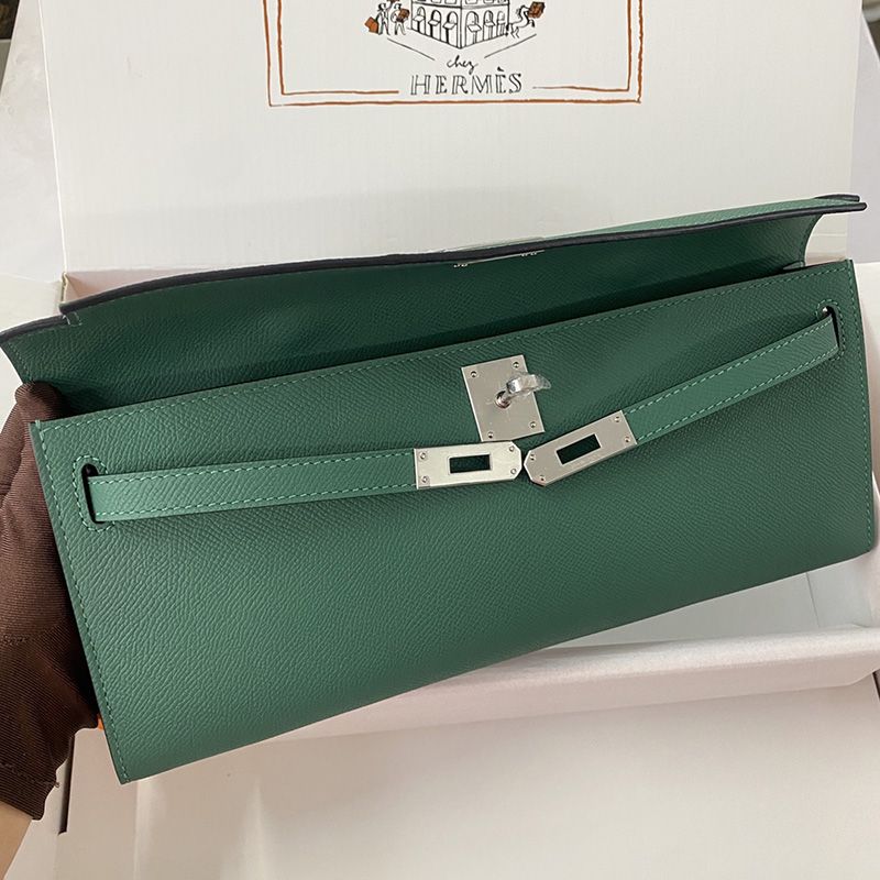 Hermes Kelly Cut Clutch Epsom Leather Palladium Hardware In Green