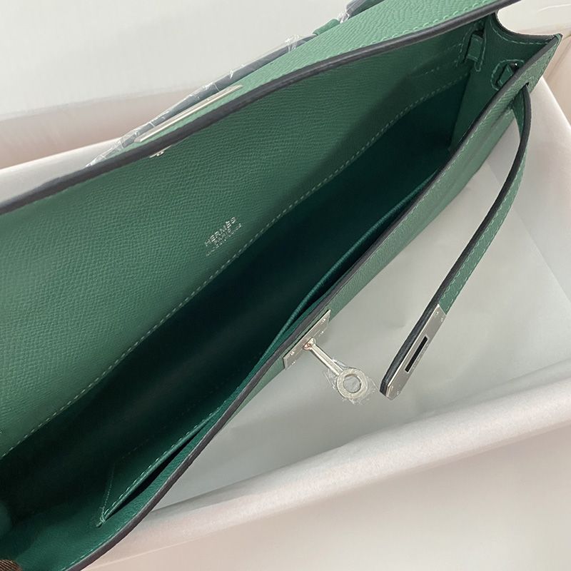 Hermes Kelly Cut Clutch Epsom Leather Palladium Hardware In Green