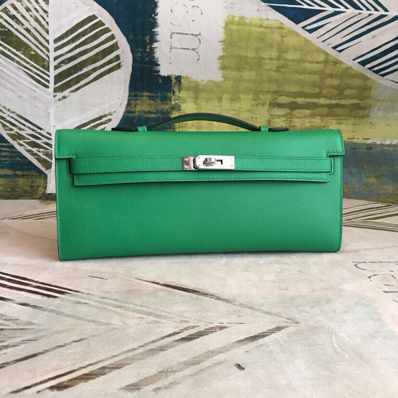 Hermes Kelly Cut Clutch Epsom Leather Palladium Hardware In Green