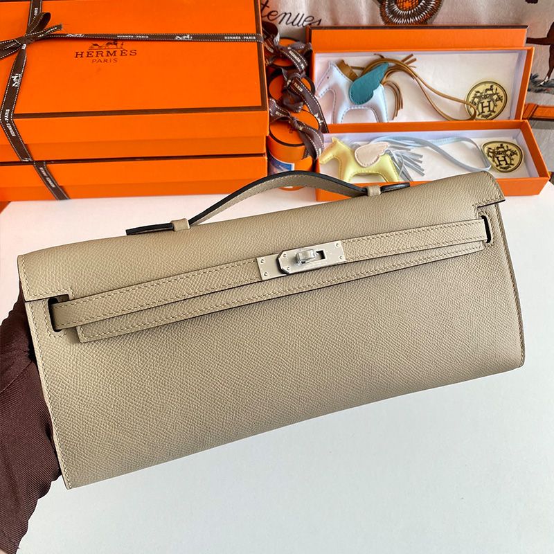 Hermes Kelly Cut Clutch Epsom Leather Palladium Hardware In Grey