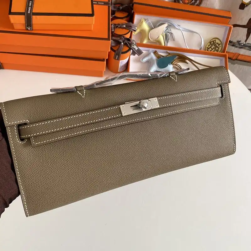 Hermes Kelly Cut Clutch Epsom Leather Palladium Hardware In Khaki