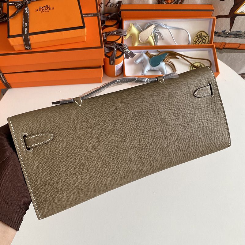 Hermes Kelly Cut Clutch Epsom Leather Palladium Hardware In Khaki