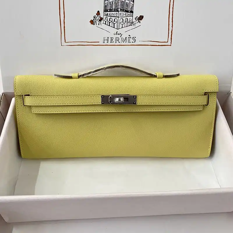 Hermes Kelly Cut Clutch Epsom Leather Palladium Hardware In Lemon