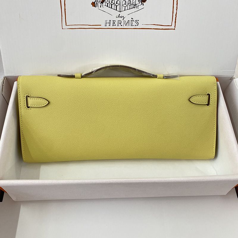 Hermes Kelly Cut Clutch Epsom Leather Palladium Hardware In Lemon