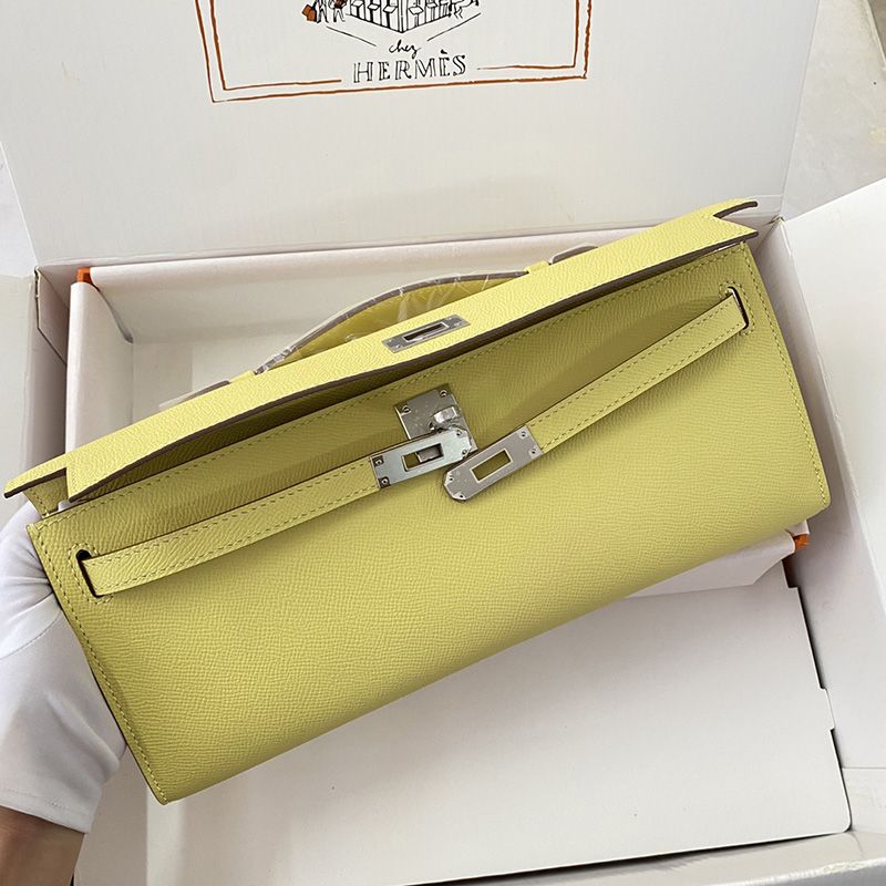 Hermes Kelly Cut Clutch Epsom Leather Palladium Hardware In Lemon