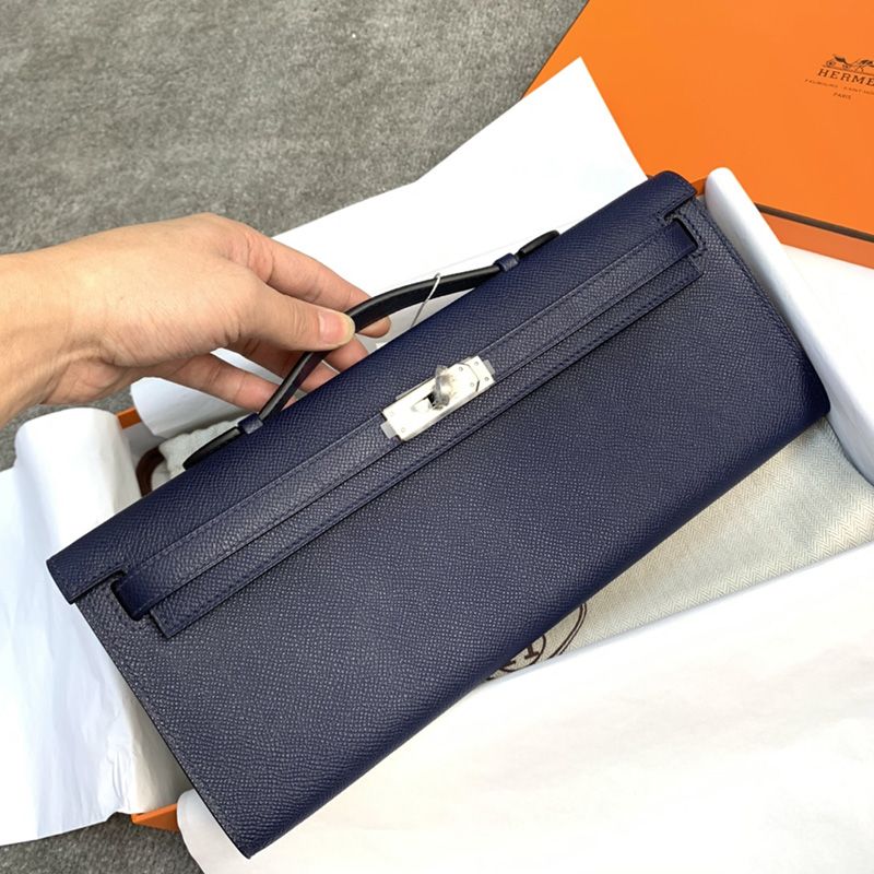 Hermes Kelly Cut Clutch Epsom Leather Palladium Hardware In Navy Blue