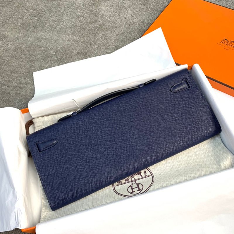 Hermes Kelly Cut Clutch Epsom Leather Palladium Hardware In Navy Blue