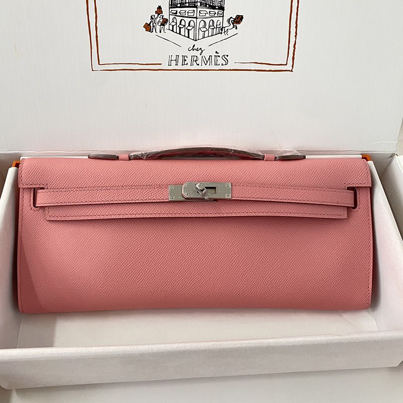 Hermes Kelly Cut Clutch Epsom Leather Palladium Hardware In Pink