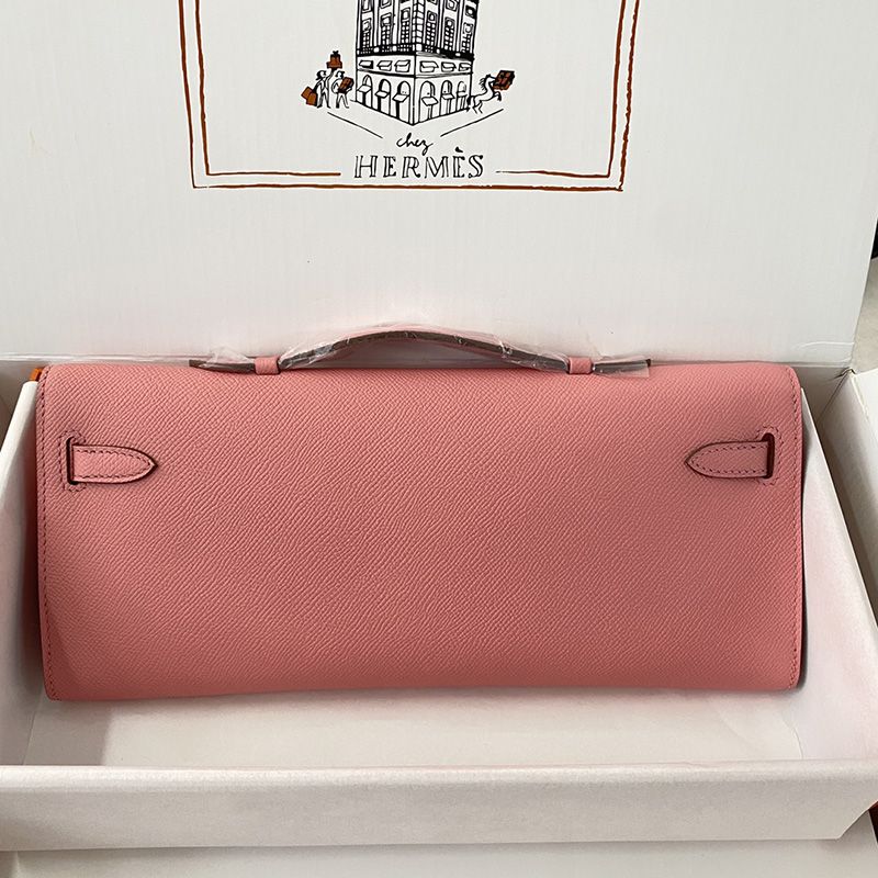 Hermes Kelly Cut Clutch Epsom Leather Palladium Hardware In Pink