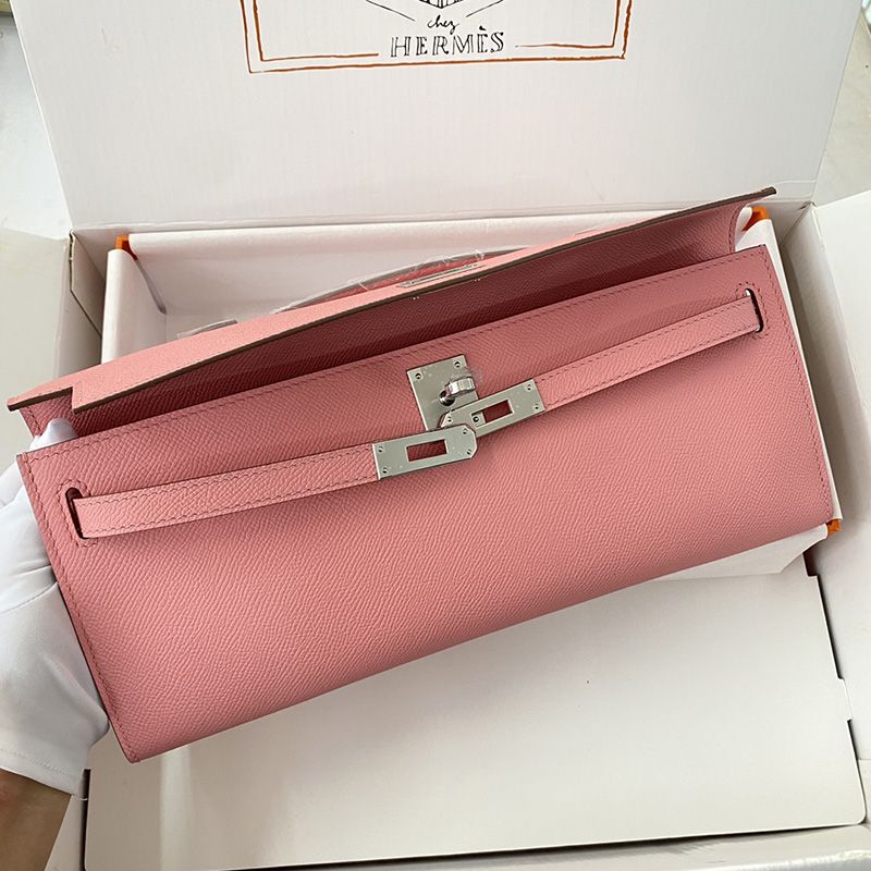 Hermes Kelly Cut Clutch Epsom Leather Palladium Hardware In Pink