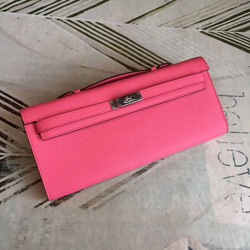 Hermes Kelly Cut Clutch Epsom Leather Palladium Hardware In Rose