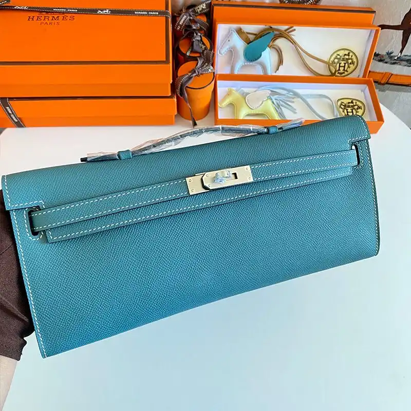 Hermes Kelly Cut Clutch Epsom Leather Palladium Hardware In Teal