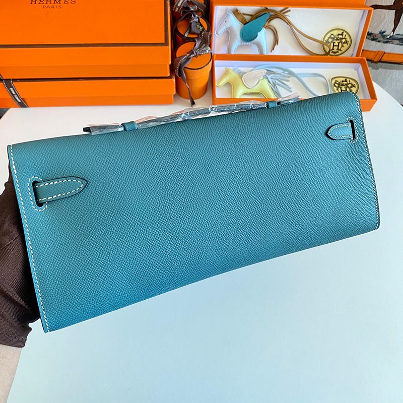 Hermes Kelly Cut Clutch Epsom Leather Palladium Hardware In Teal