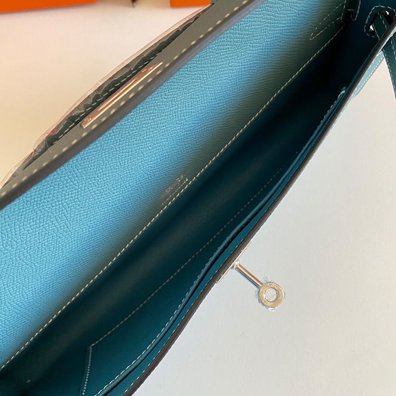 Hermes Kelly Cut Clutch Epsom Leather Palladium Hardware In Teal