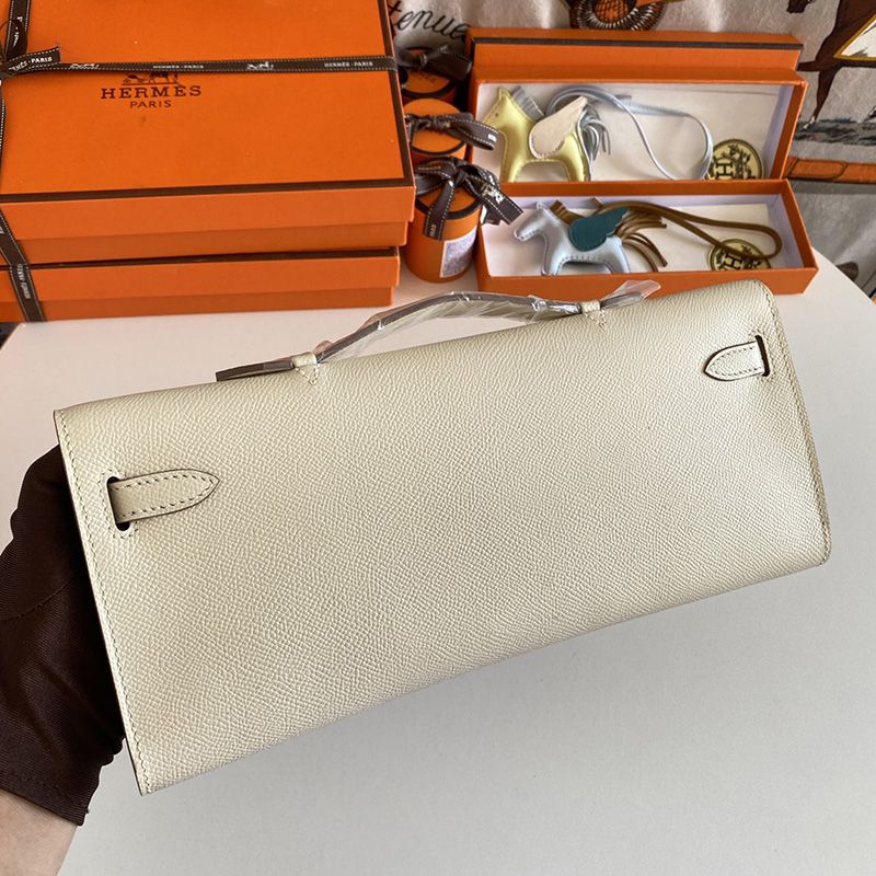 Hermes Kelly Cut Clutch Epsom Leather Palladium Hardware In White