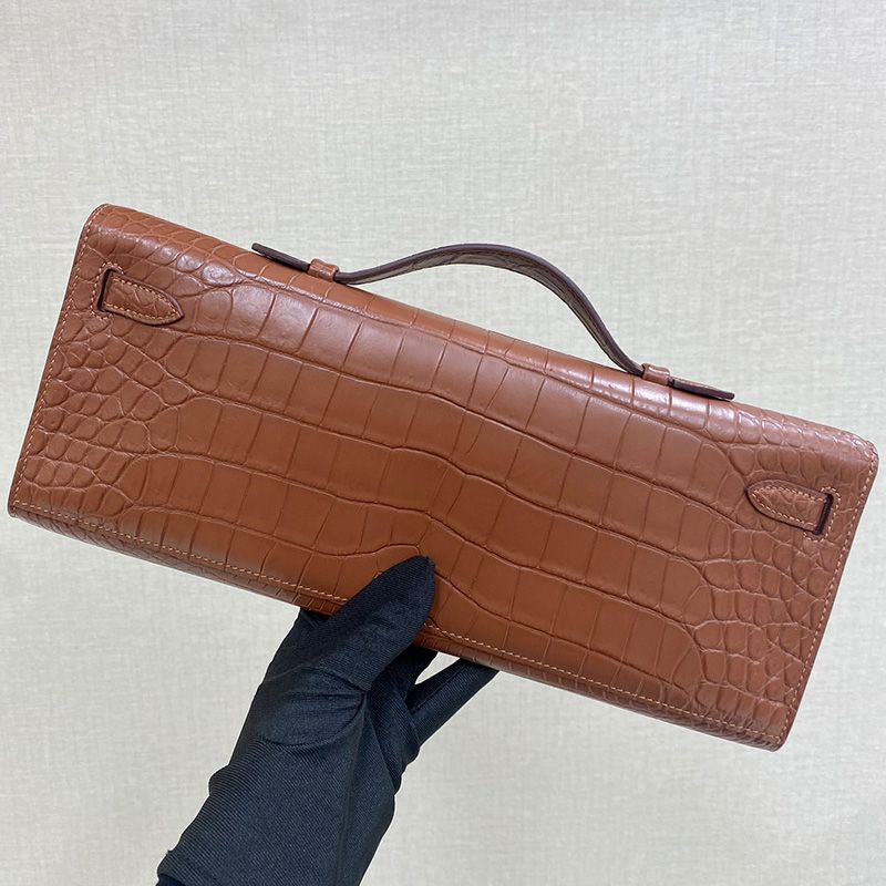 Hermes Kelly Cut Clutch Crocodile Leather Gold Hardware In Brown