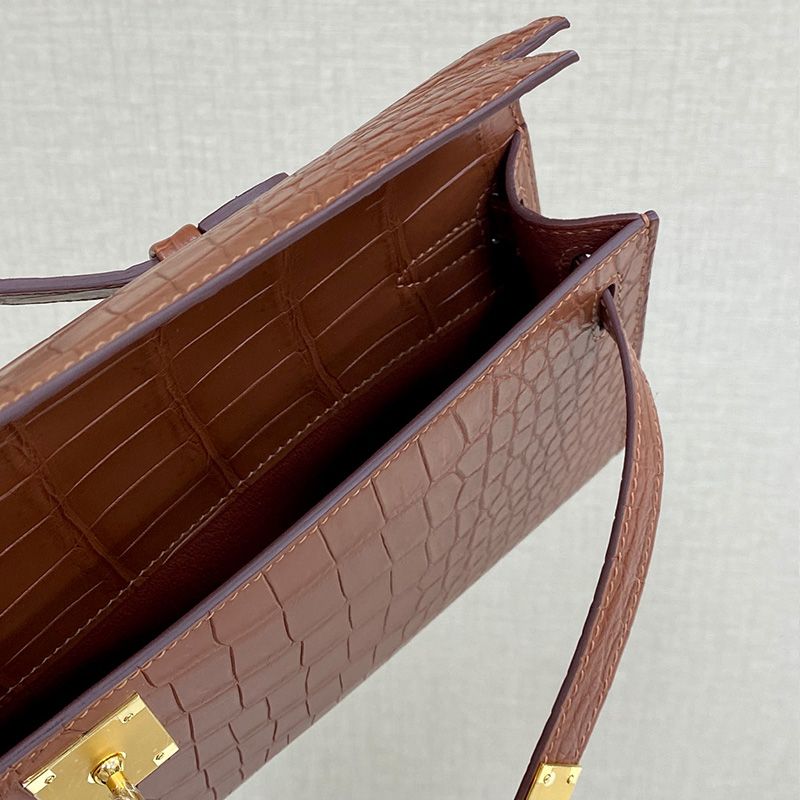 Hermes Kelly Cut Clutch Crocodile Leather Gold Hardware In Brown