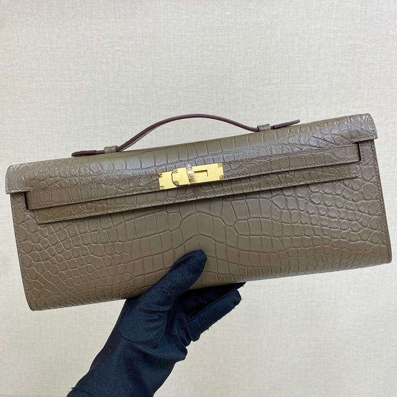 Hermes Kelly Cut Clutch Crocodile Leather Gold Hardware In Khaki