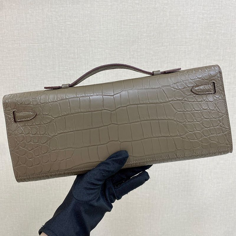 Hermes Kelly Cut Clutch Crocodile Leather Gold Hardware In Khaki