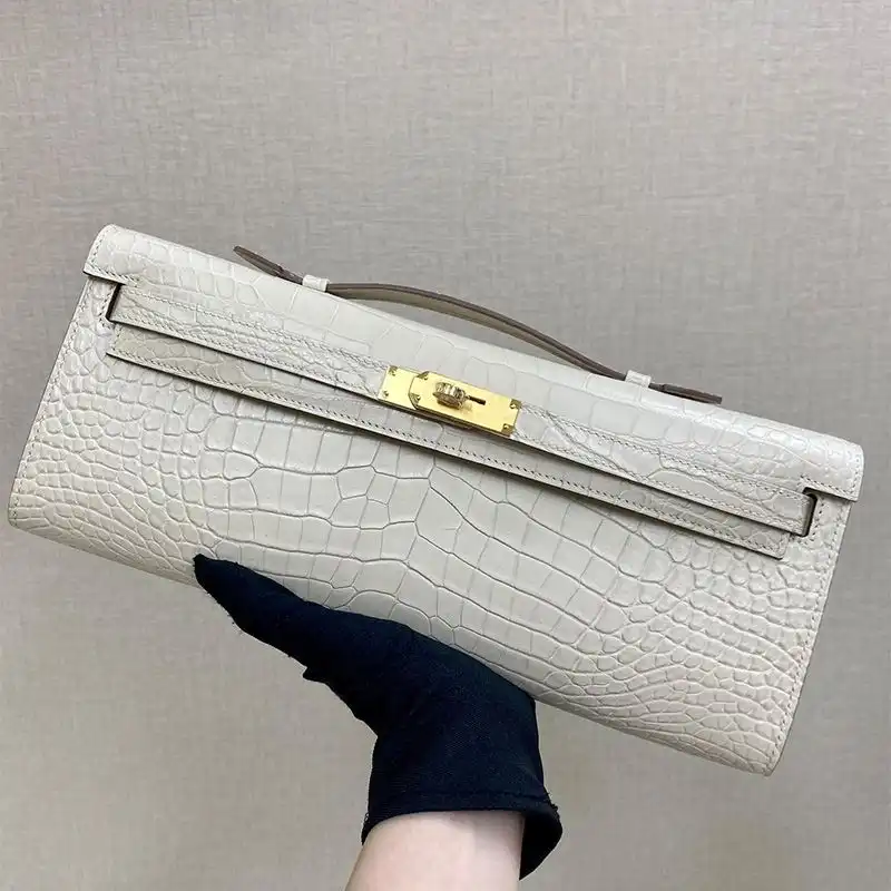 Cheap Hermes Kelly Cut Clutch Crocodile Leather Gold Hardware In White