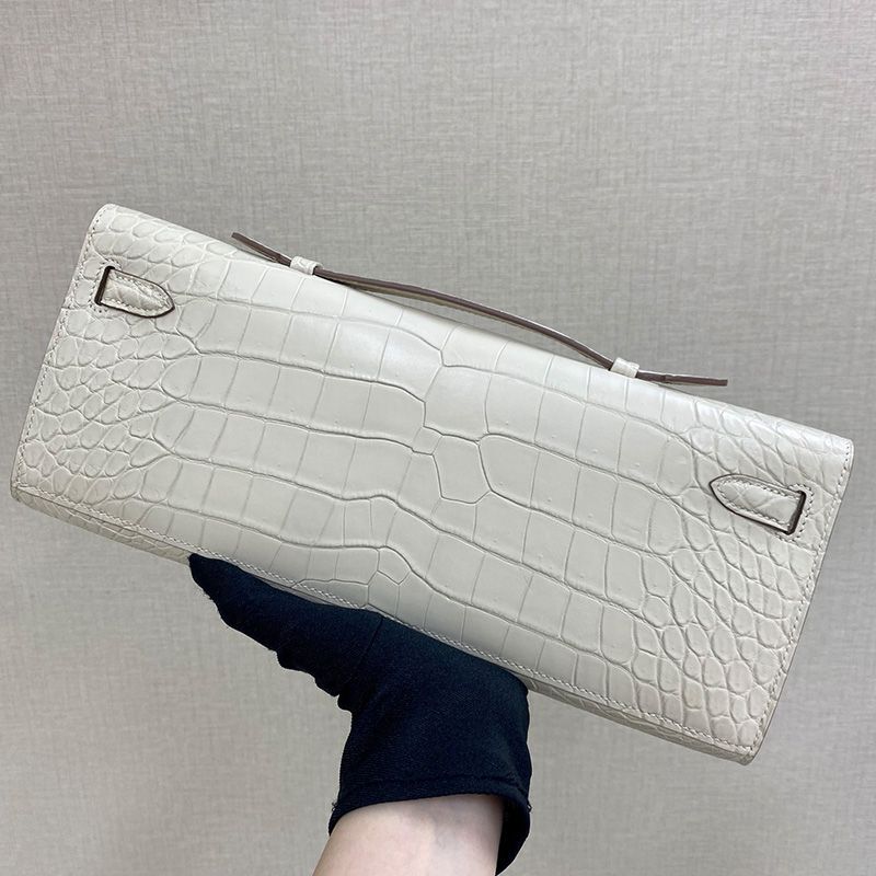 Hermes Kelly Cut Clutch Crocodile Leather Gold Hardware In White