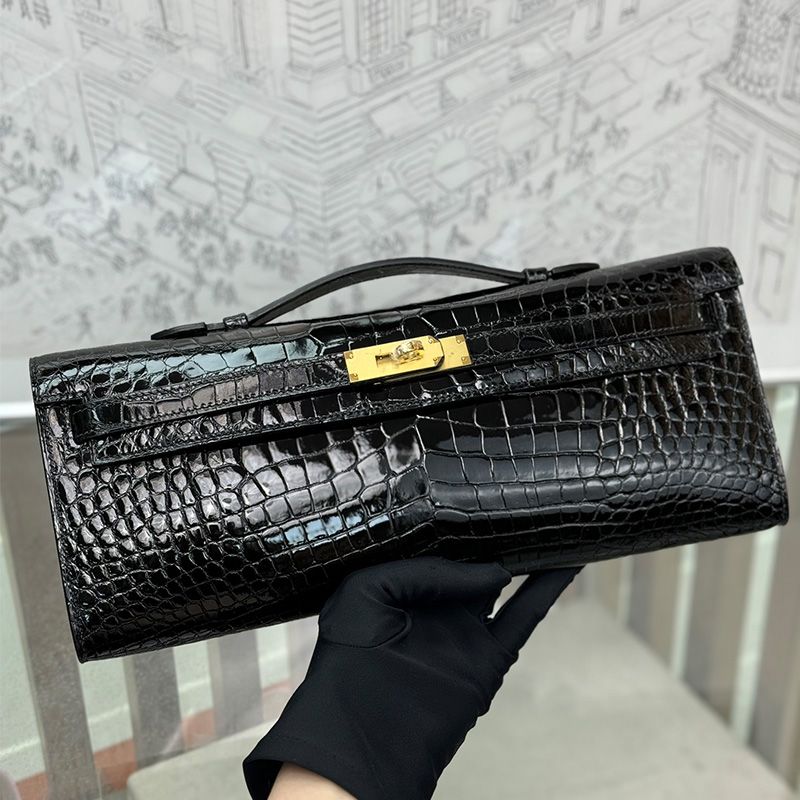 Hermes Kelly Cut Clutch Shinny Crocodile Leather Gold Hardware In Black