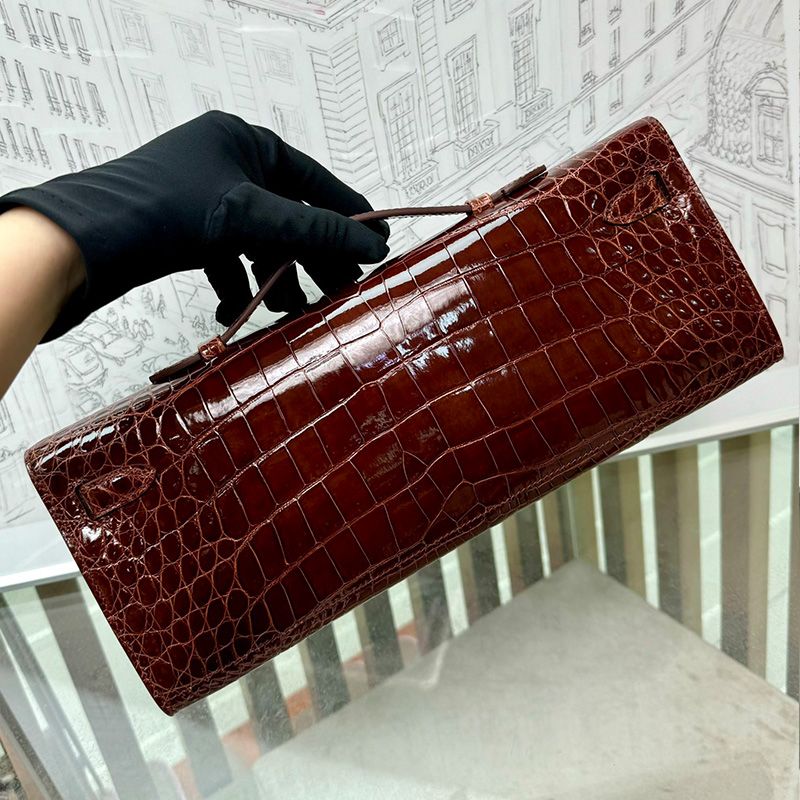 Hermes Kelly Cut Clutch Shinny Crocodile Leather Gold Hardware In Brown