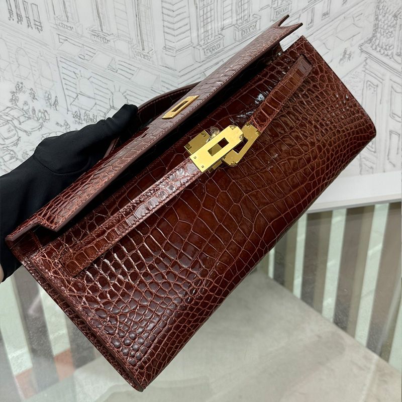 Hermes Kelly Cut Clutch Shinny Crocodile Leather Gold Hardware In Brown