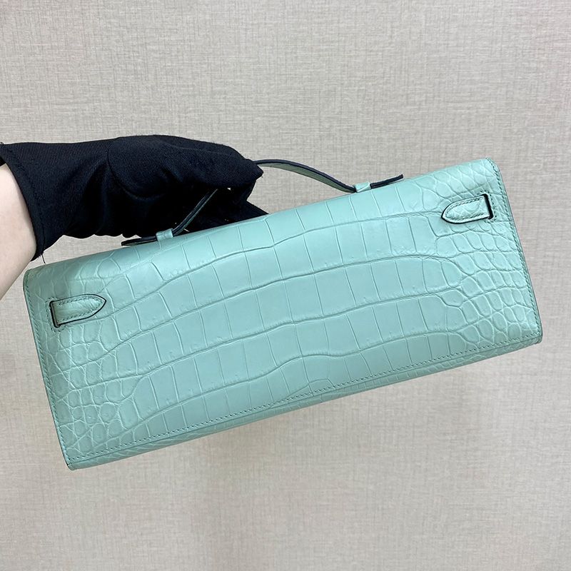 Hermes Kelly Cut Clutch Crocodile Leather Palladium Hardware In Mint Green