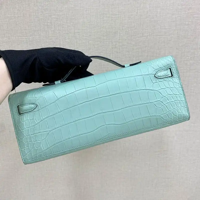 Cheap Hermes Kelly Cut Clutch Crocodile Leather Palladium Hardware In Mint Green