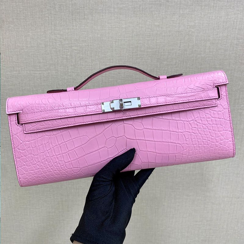 Hermes Kelly Cut Clutch Crocodile Leather Palladium Hardware In Pink