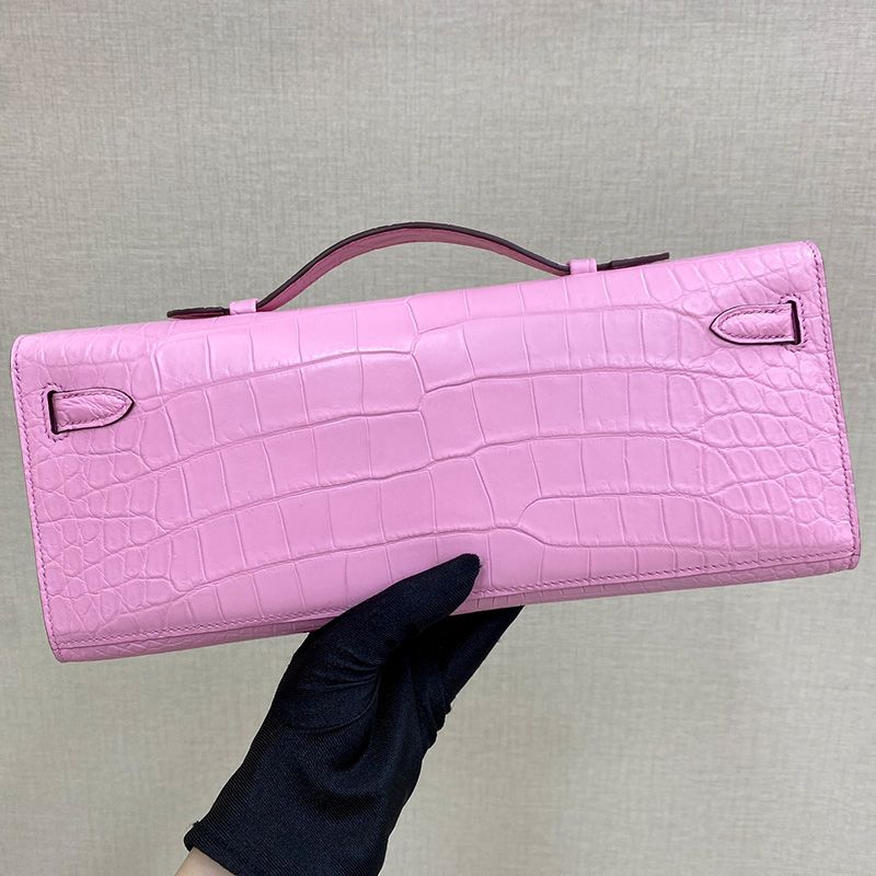 Hermes Kelly Cut Clutch Crocodile Leather Palladium Hardware In Pink