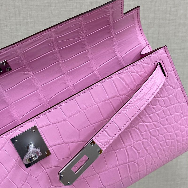 Hermes Kelly Cut Clutch Crocodile Leather Palladium Hardware In Pink