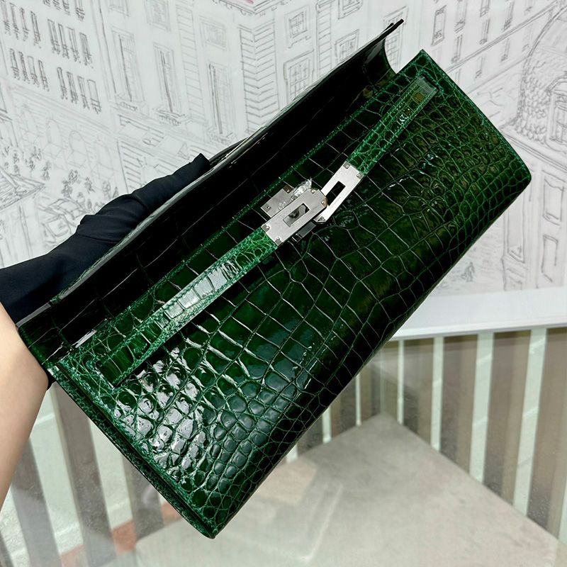 Hermes Kelly Cut Clutch Shinny Crocodile Leather palladium Hardware In Green