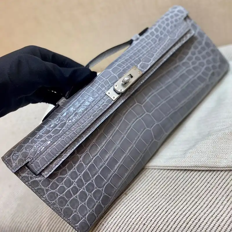 Hermes Kelly Cut Clutch Shinny Crocodile Leather palladium Hardware In Grey