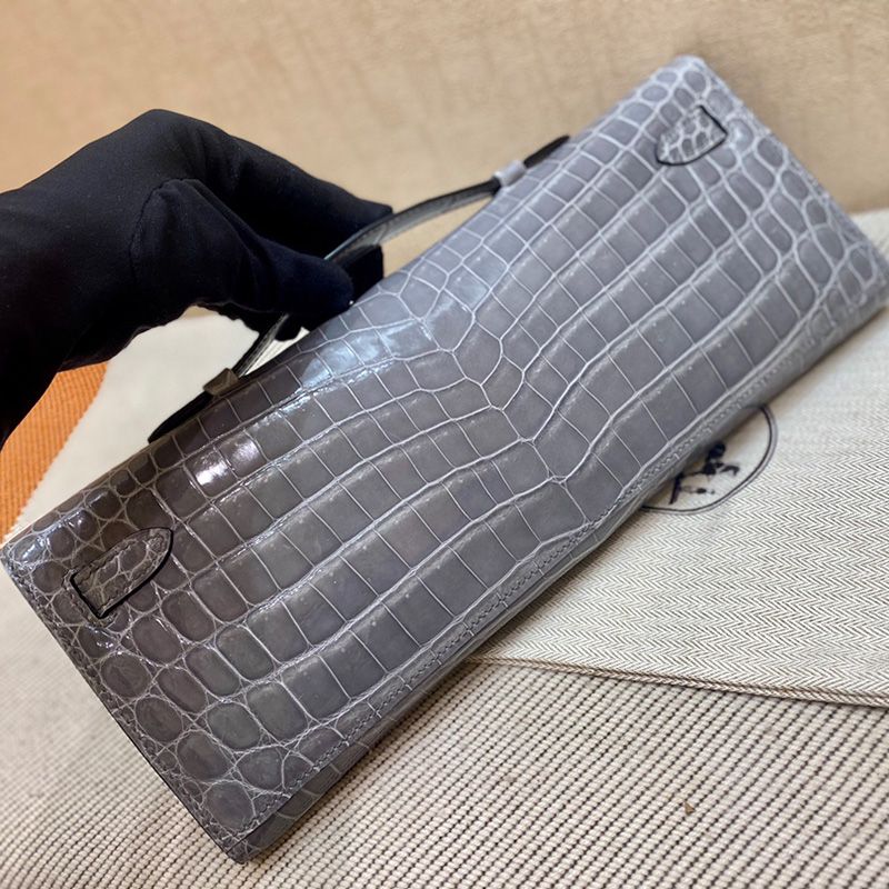 Hermes Kelly Cut Clutch Shinny Crocodile Leather palladium Hardware In Grey