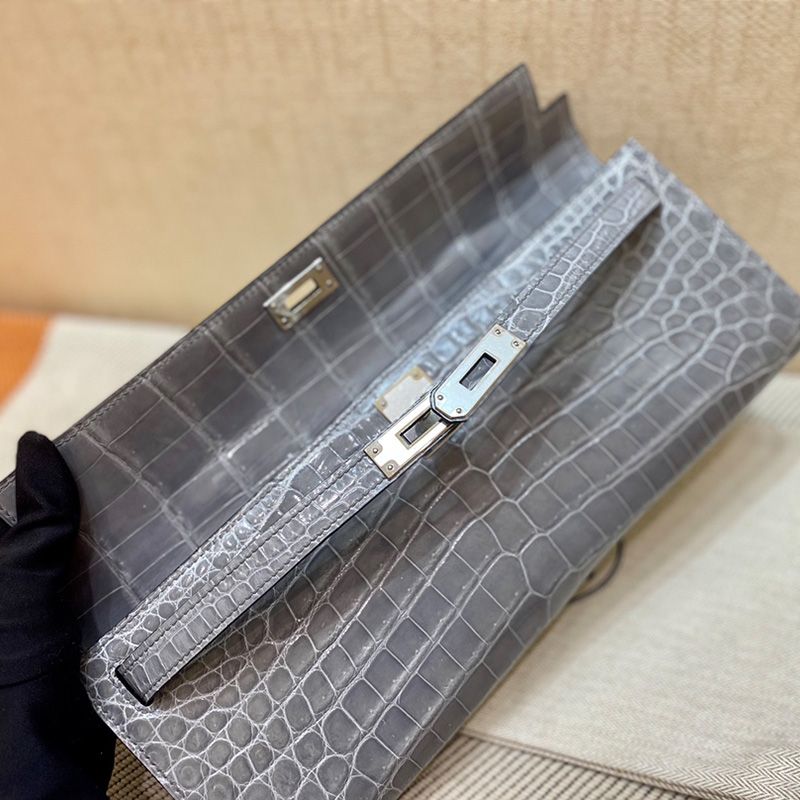 Hermes Kelly Cut Clutch Shinny Crocodile Leather palladium Hardware In Grey