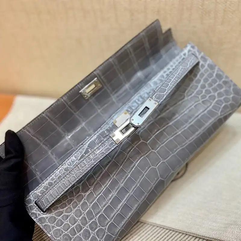 Cheap Hermes Kelly Cut Clutch Shinny Crocodile Leather palladium Hardware In Grey