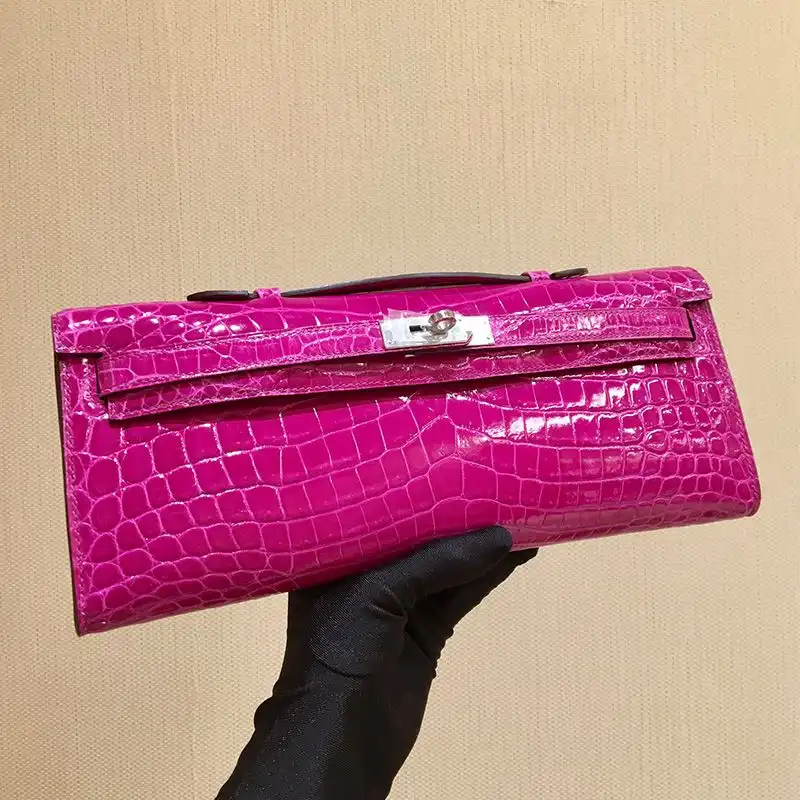 Hermes Kelly Cut Clutch Shinny Crocodile Leather palladium Hardware In Purple