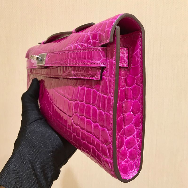 Hermes Kelly Cut Clutch Shinny Crocodile Leather palladium Hardware In Purple