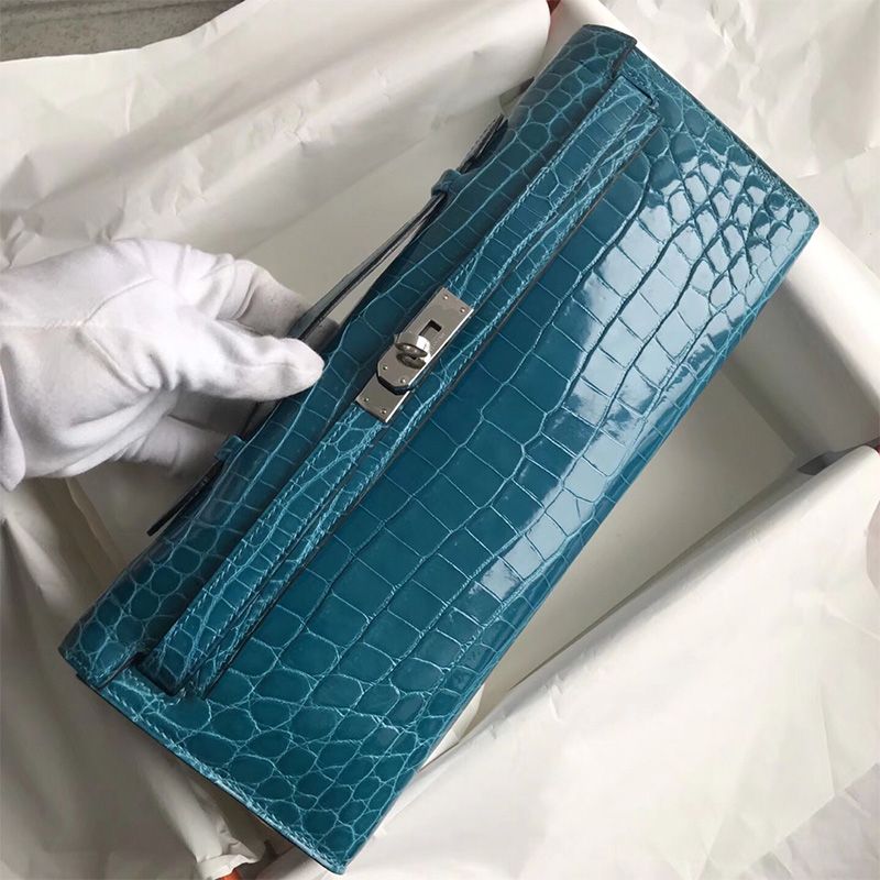 Hermes Kelly Cut Clutch Shinny Crocodile Leather palladium Hardware In Teal