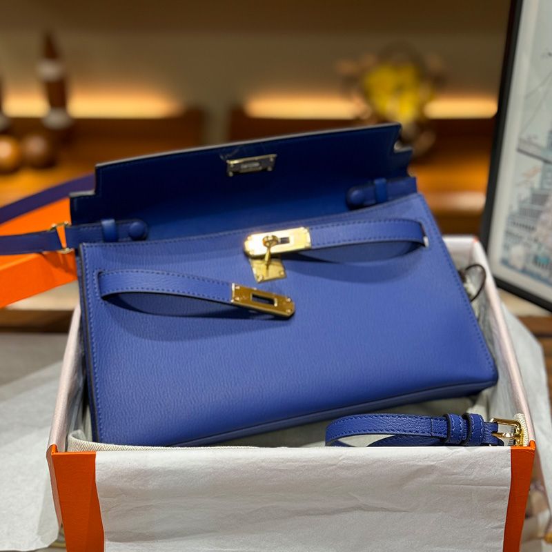 Hermes Kelly Elan Bag Chevre Leather Gold Hardware In Blue