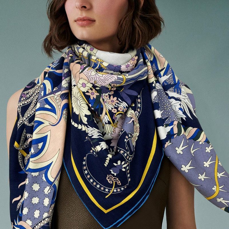 Hermes Le Sacre des Saisons Shawl 140 In Navy Blue